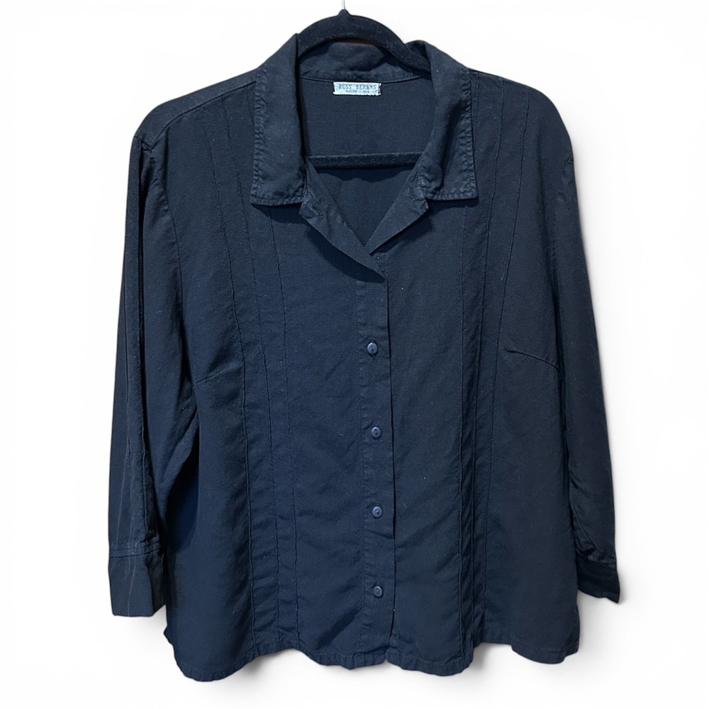 Russ Berens Malibu USA Womens XL Black Linen Tencel Button Front Lagenlook Shirt